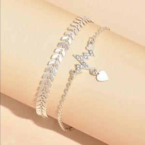 🎉 New Silver Arrow & Heartbeat Anklet Bracelet 2 piece Set